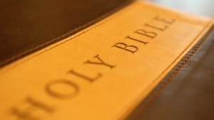 Uma Bíblia com o título "Bíblia Sagrada" numa capa de couro.