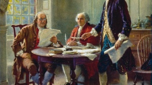 Interpretação artística de Benjamin Franklin, John Adams e Thomas Jefferson, elaborando a Declaração de Independência.