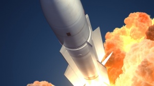 Uma ilustração de um míssil voando no céu.