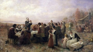 Uma representação artística de uma refeição dos peregrinos.