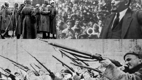 Cenas da revolução russa de 1917 que causou uma aquisição comunista.