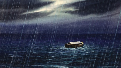 A painting illustration Noah's Ark on the water.