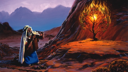 An artist rendition of Moses talking to the "burning bush".