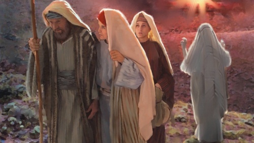 Representação artística de Ló guiando a família para fora de Sodoma e Gomorra. 