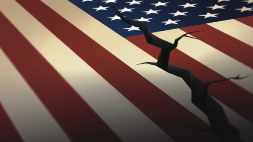 Uma ilustração artística de uma rachadura atravessando a bandeira dos Estados Unidos.