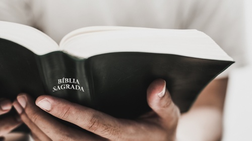 Foto aproximada das mãos de uma pessoa segurando a Bíblia.