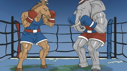 Ilustração de um elefante, que representa os republicanos, e de um burro, símbolo dos democratas, em uma arena de boxe.