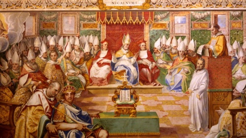 O Concílio de Niceia em 325. Afresco no Salão Sistino, Vaticano.