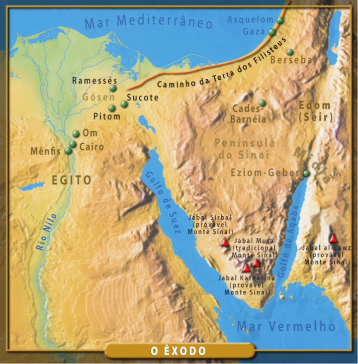 Mapa dos prováveis locais do Monte Sinai