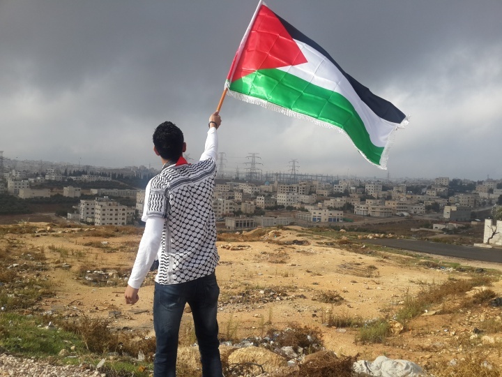 Um jovem com a bandeira da Palestina.