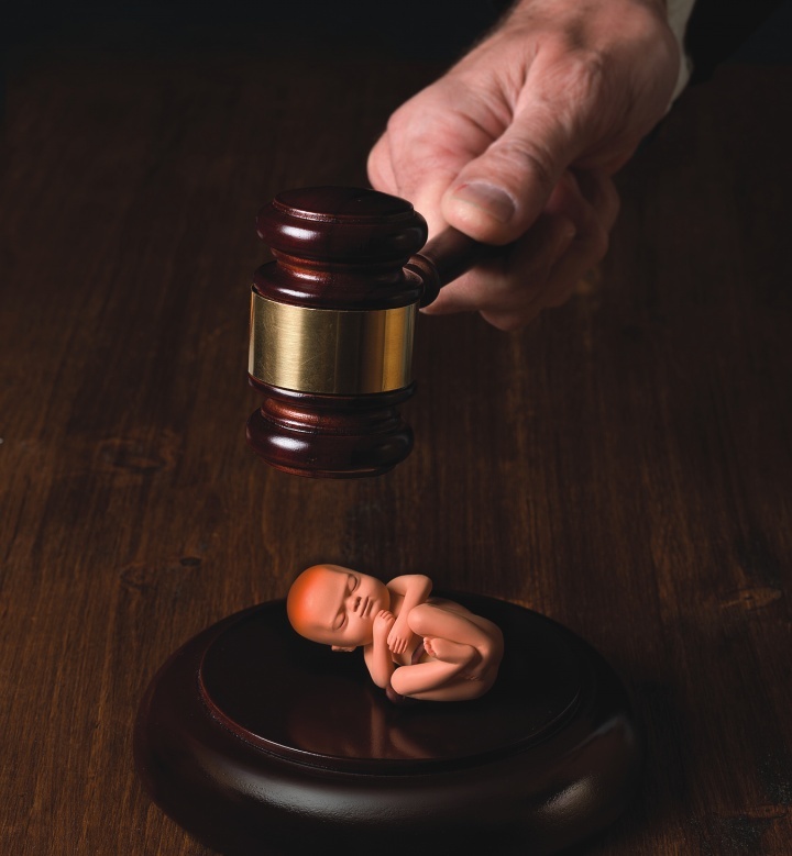 Uma ilustração dum bebê recém-nascido debaixo do martelo dum juiz.