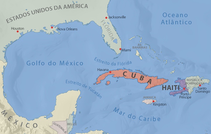 Mapa do Golfo do México e do Mar do Caribe.