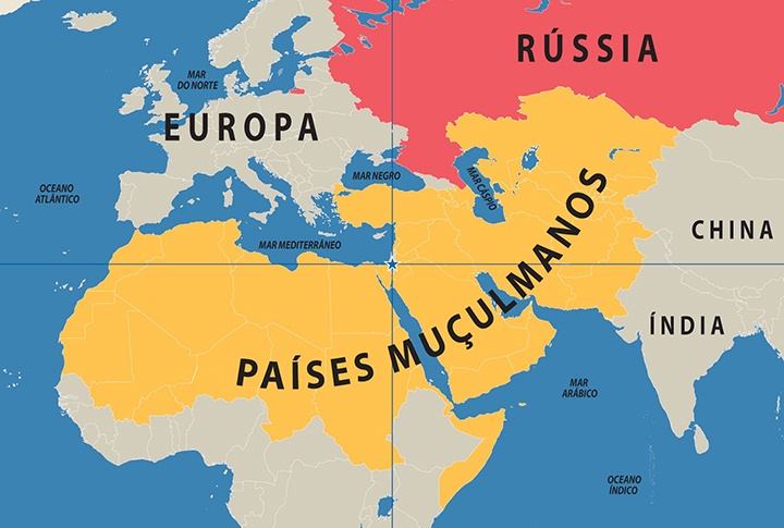 Mapa da Europa, África Setentrional e Ásia com Jerusalém como ponto central.