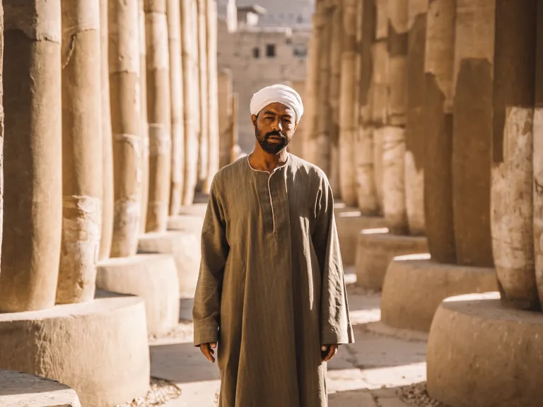 a man in biblical robes standing on the site of ancient architecture with tall stone pillars on either side