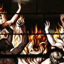 Une représentation artistique sur vitrail de personnes brûlant dans un incendie.