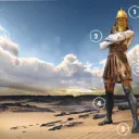 Estátua composta de diferentes materiais, representando a visão do sonho de Nabucodonosor (Daniel 2), em pé sobre uma paisagem desértica sob um céu com nuvens dramáticas.