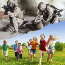 Soldiers in war vs children playing in peace