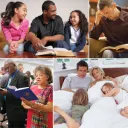 Families reading, talking about bible and singing together
