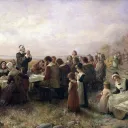 Uma representação artística de uma refeição dos peregrinos.