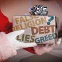 Um Papai Noel segurando um presente.