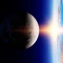 Ilustração artística dum raio de sol atingindo a terra.