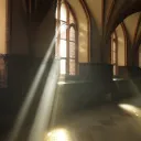 Raios de sol brilhando através das janelas duma velha igreja