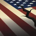 Uma ilustração artística de uma rachadura atravessando a bandeira dos Estados Unidos.