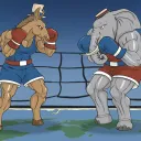 Ilustração de um elefante, que representa os republicanos, e de um burro, símbolo dos democratas, em uma arena de boxe.