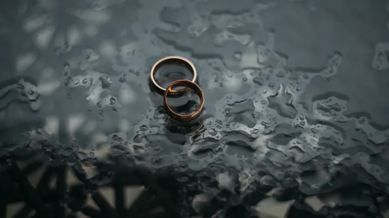 Duas alianças de casamento sobre uma mesa.