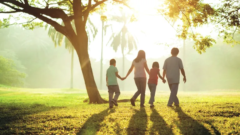 Uma família caminhando junta em um parque tranquilo.
