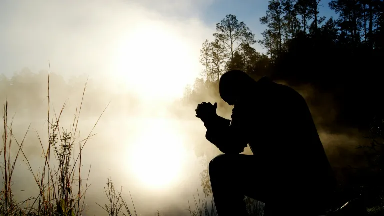 a silhouette of a praying man outdoors among shadowy trees and a morning mist