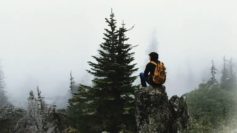 Um caminhante solitário com uma mochila senta-se em uma saliência rochosa com vista para uma floresta de coníferas cheia de neblina.