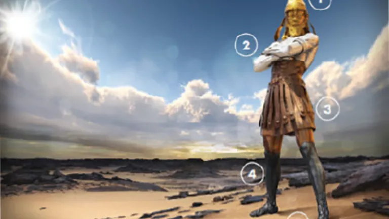 Estátua composta de diferentes materiais, representando a visão do sonho de Nabucodonosor (Daniel 2), em pé sobre uma paisagem desértica sob um céu com nuvens dramáticas.