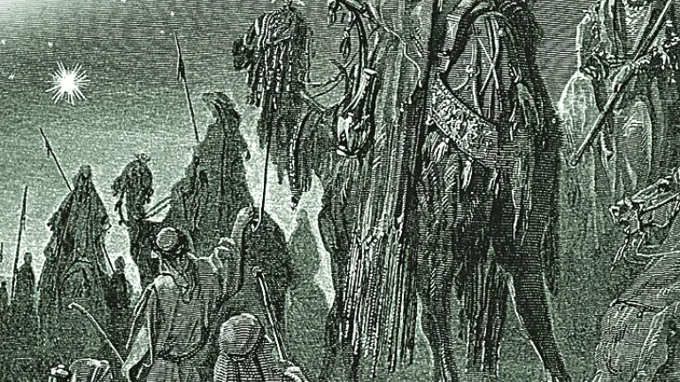 Xilogravura artística de três reis magos.