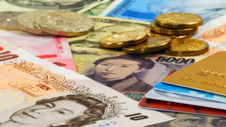 Cédulas de dinheiro, moedas e cartões de crédito.