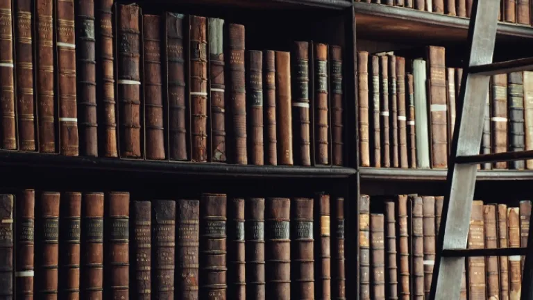 Prateleiras com livros antigos.
