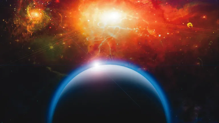 Ilustração artística de um planeta e de um campo estelar.