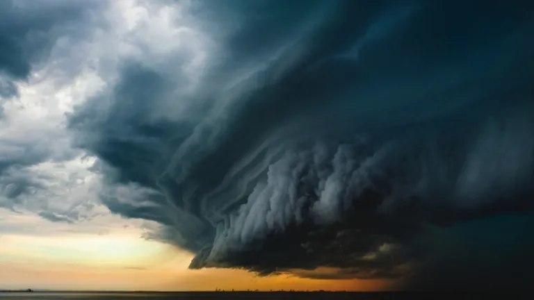 “Vigiai, pois, em todo o tempo, orando, para que possais escapar de todas estas coisas que hão de acontecer, e estar em pé na presença do Filho do homem". Uma foto de grandes nuvens de tempestades escuras.