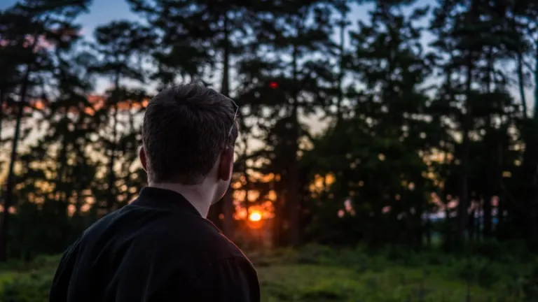 Não devemos permitir que a corrupção pagã tire uma perspectiva adequada da ressurreição de Jesus. Um homem com o sol atrás das árvores.