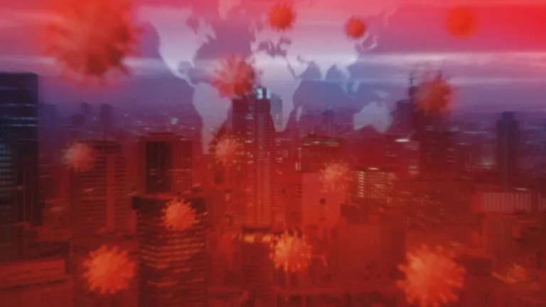 Um gráfico visual de vírus e paisagens da cidade.