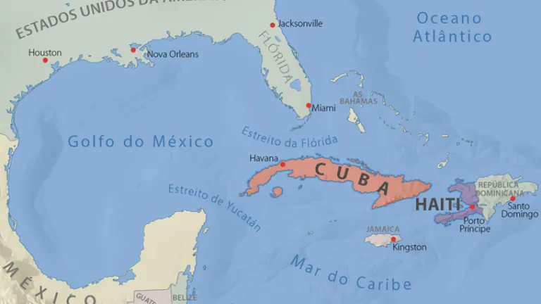 Se Cuba ou Haiti ficarem sob o controle de um poder hostil aos interesses dos EUA, isso poderia derrubar o equilíbrio do poder mundial. Mapa do Golfo do México e do Mar do Caribe.