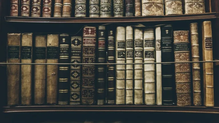 Estante com livros antigos.