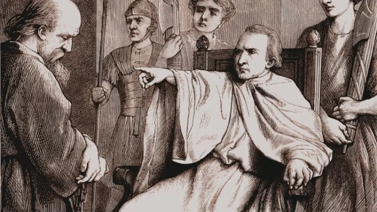 Representação artística de Policarpo sendo ameaçado pelo governante romano.