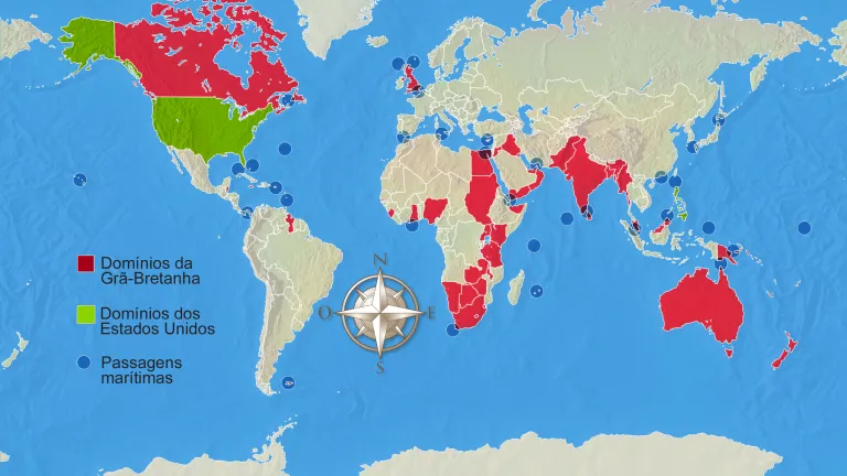 Um mapa-múndi mostrando as possessões britânicas e dos Estados Unidos, junto com as principais portas marítimas estratégicas.