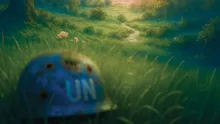 Uma ilustração artística de um capacete azul da ONU sobre um campo gramado.