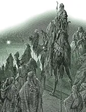 Xilogravura artística de três reis magos.