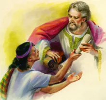 king handing scroll to man