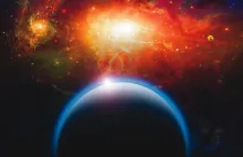 Ilustração artística de um planeta e de um campo estelar.