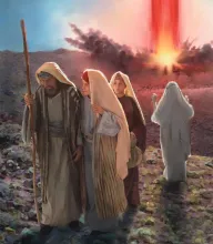 Representação artística de Ló guiando a família para fora de Sodoma e Gomorra.