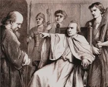 Representação artística de Policarpo sendo ameaçado pelo governante romano.